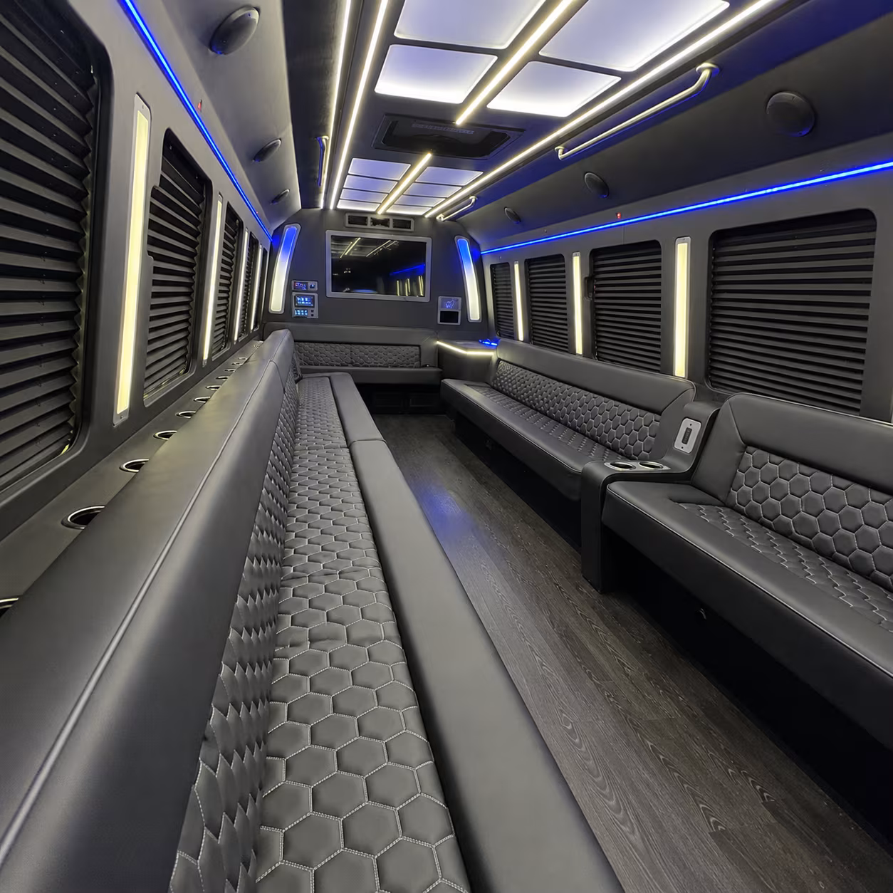 Passenger seating aboard a party bus rental serving Birmingham